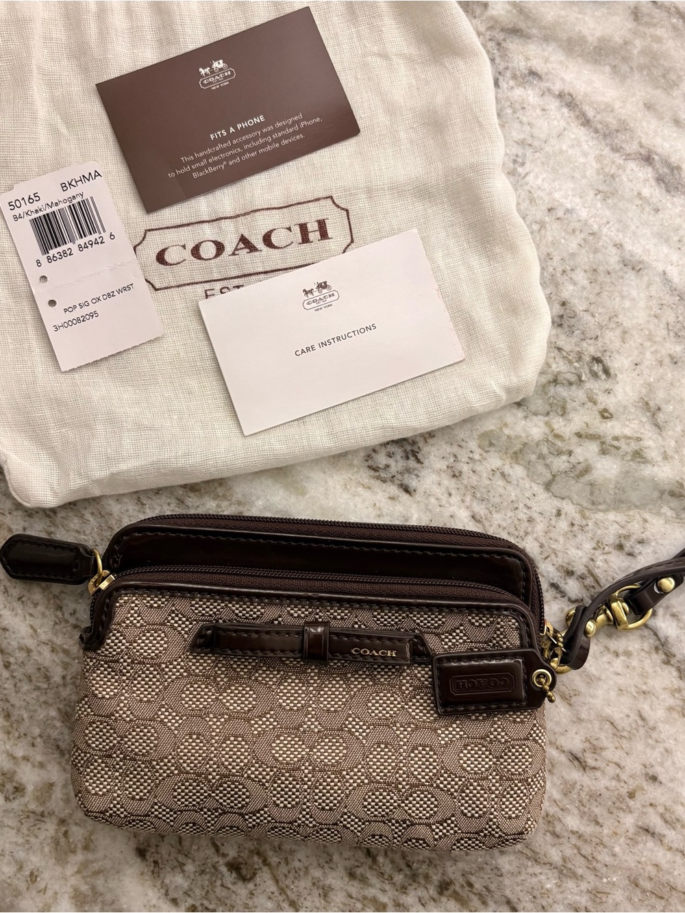 Coach Beige & Brown Signature Canvas Wristlet with Gold Hardware